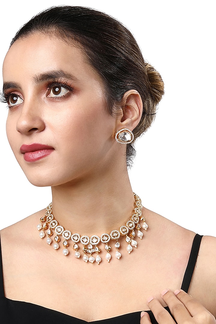 Micro Gold Finish Kundan Polki & Agate Choker Necklace Set by Hrisha Jewels at Pernia's Pop Up Shop