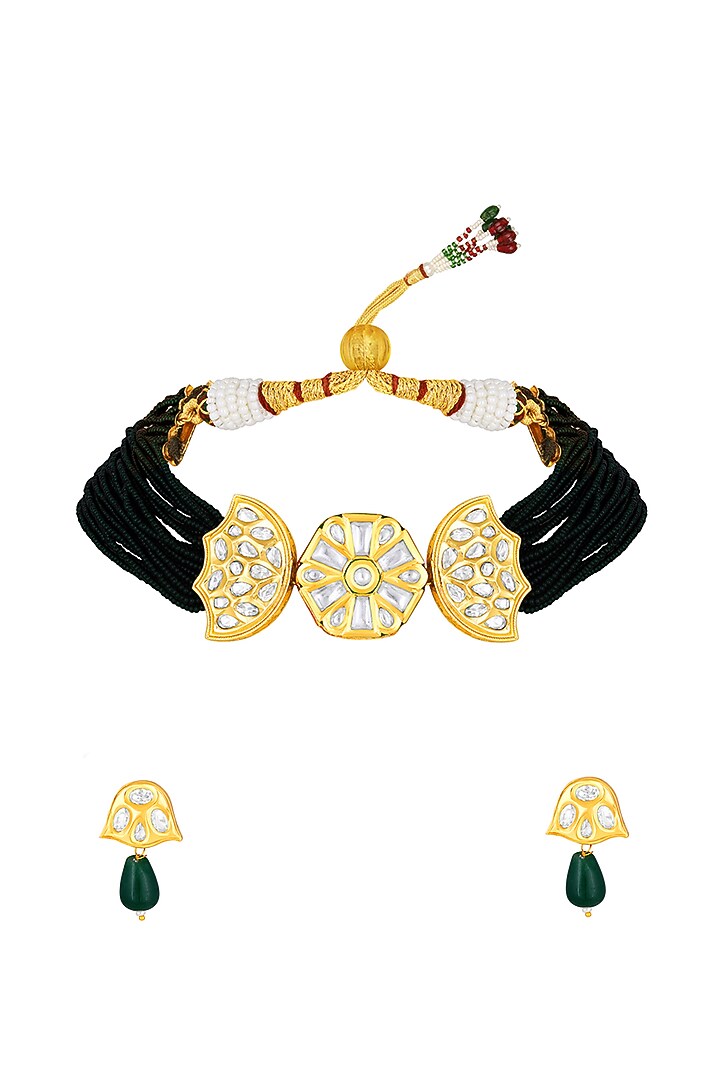 Micro Gold Finish Kundan Polki & Agate Choker Necklace Set by Hrisha Jewels at Pernia's Pop Up Shop