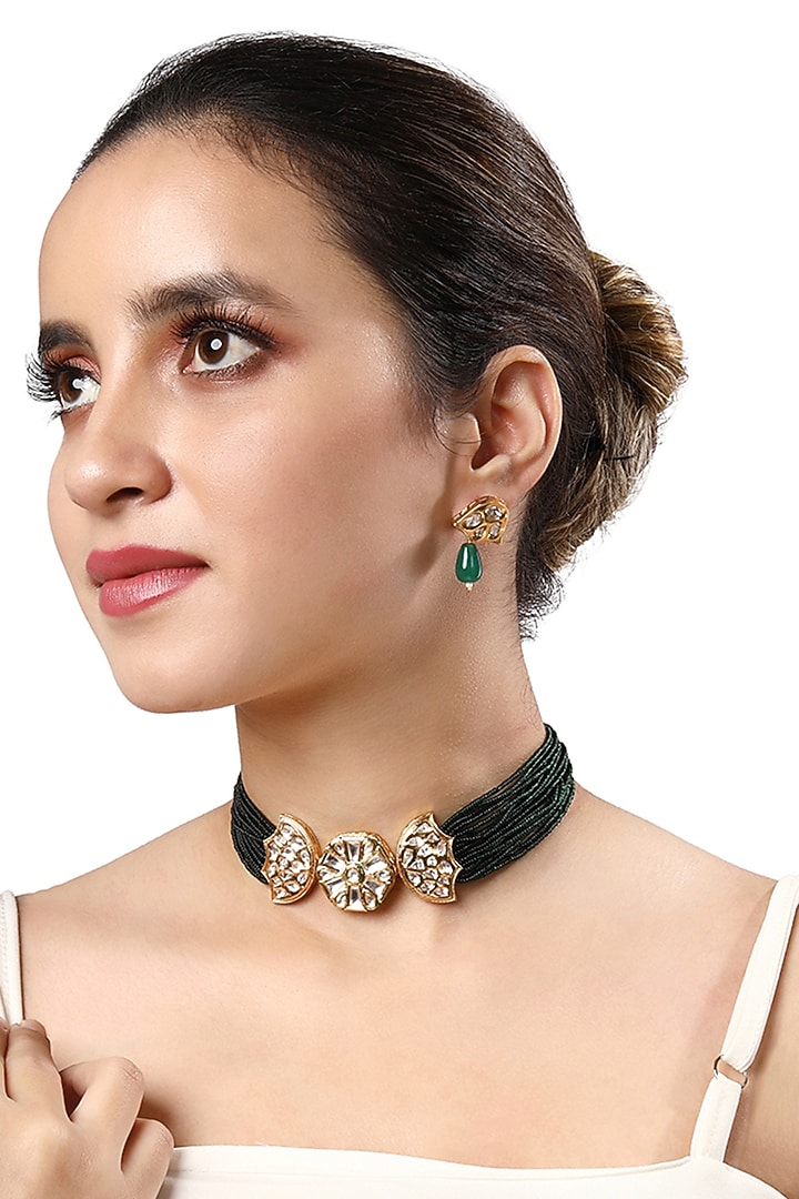 Micro Gold Finish Kundan Polki & Agate Choker Necklace Set by Hrisha Jewels at Pernia's Pop Up Shop