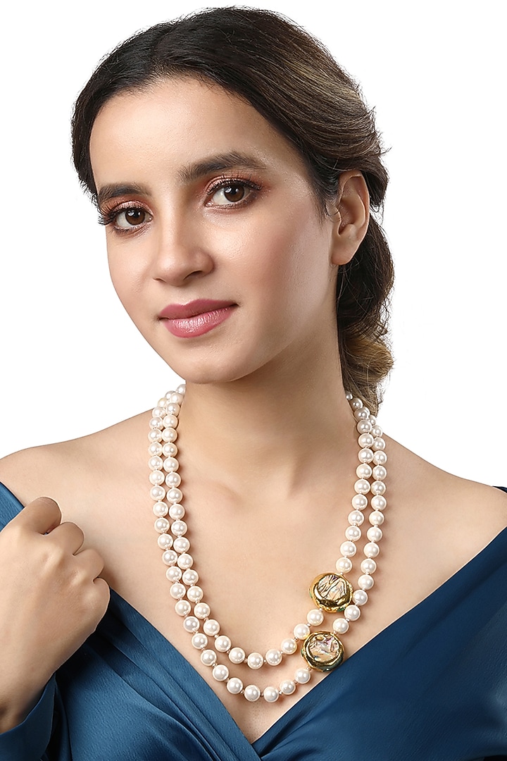 White Finish Shell Pearl Long Necklace Set by Hrisha Jewels at Pernia's Pop Up Shop