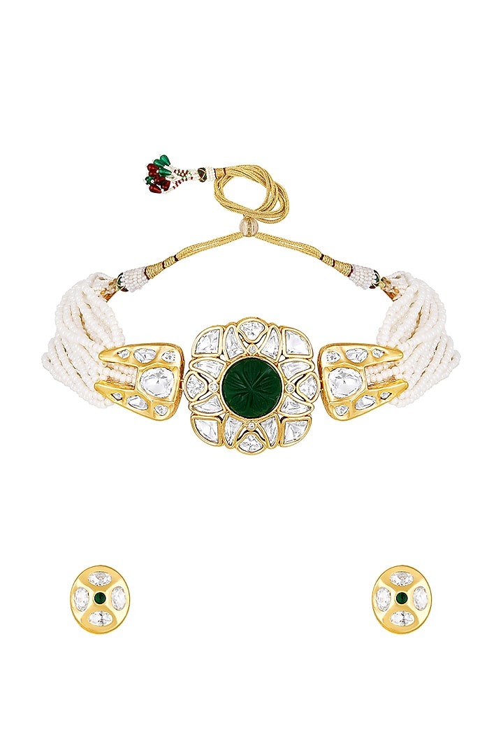 Gold Finish Kundan Polki & Agate Choker Necklace by Hrisha Jewels at Pernia's Pop Up Shop