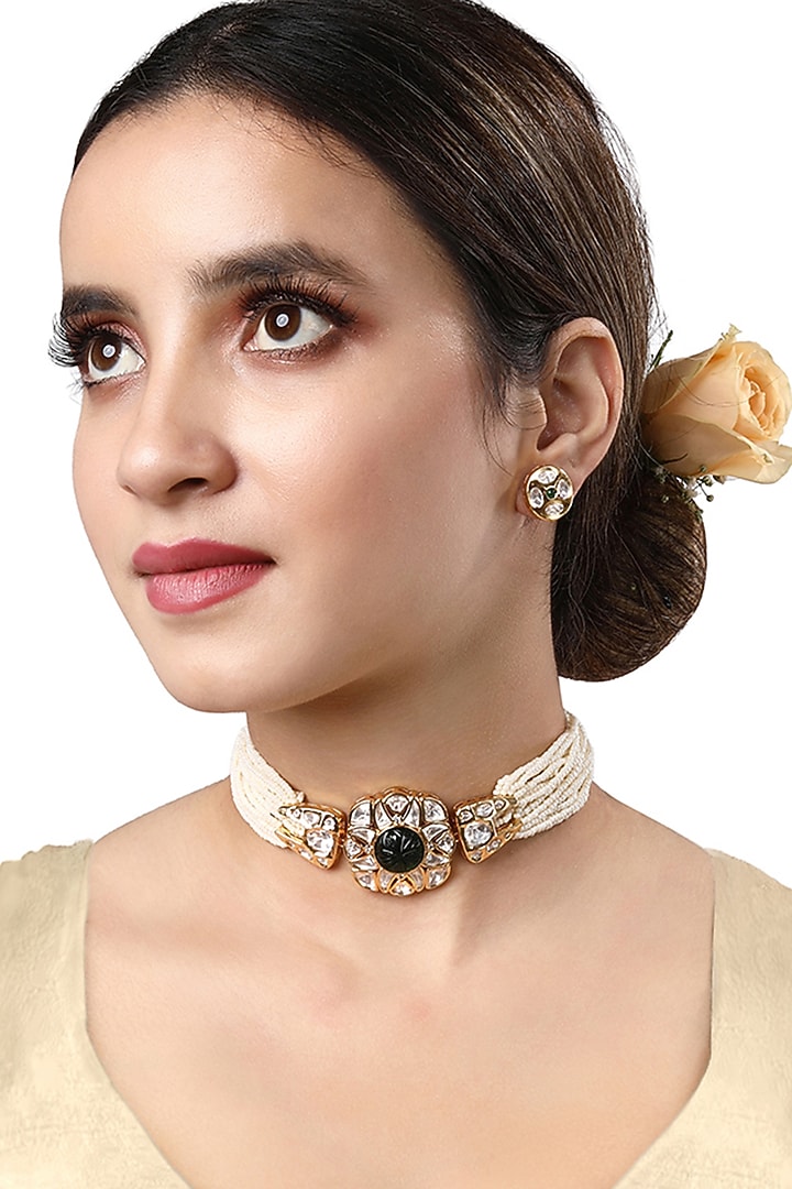Gold Finish Kundan Polki & Agate Choker Necklace by Hrisha Jewels at Pernia's Pop Up Shop