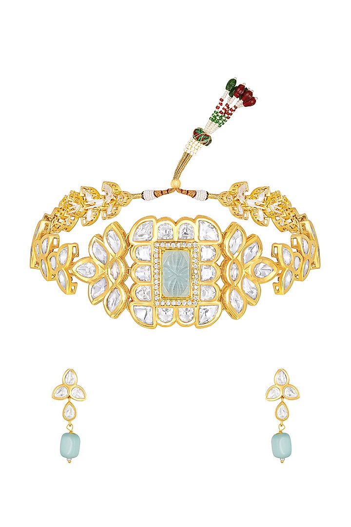 Gold Finish Kundan Polki & Agate Choker Necklace by Hrisha Jewels at Pernia's Pop Up Shop