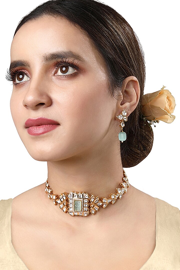 Gold Finish Kundan Polki & Agate Choker Necklace by Hrisha Jewels at Pernia's Pop Up Shop