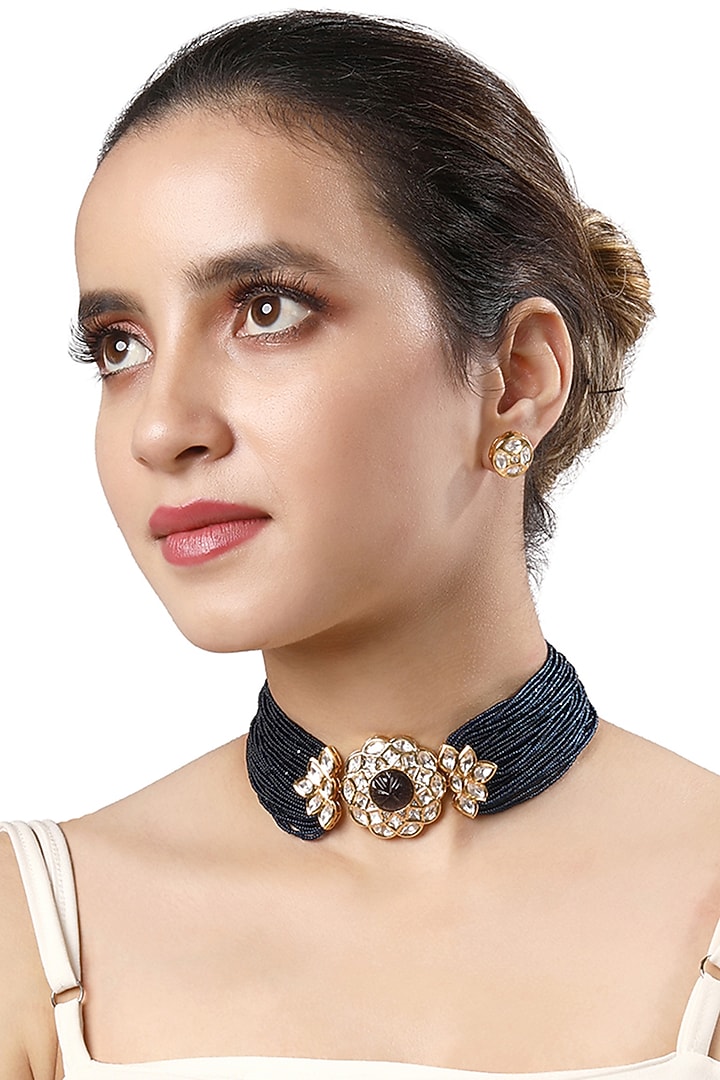 Gold Finish Kundan Polki & Agate Choker Necklace by Hrisha Jewels at Pernia's Pop Up Shop
