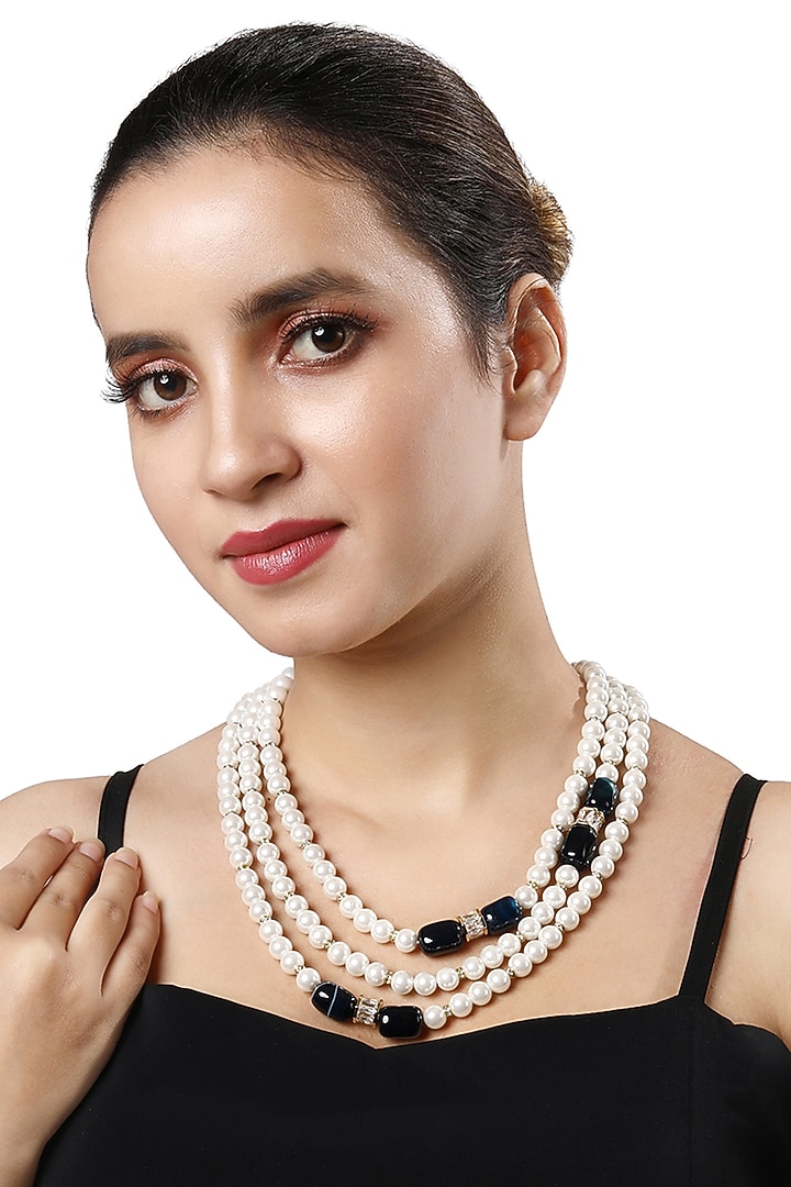 White Finish Agate & Shell Pearl Mala Necklace by Hrisha Jewels at Pernia's Pop Up Shop