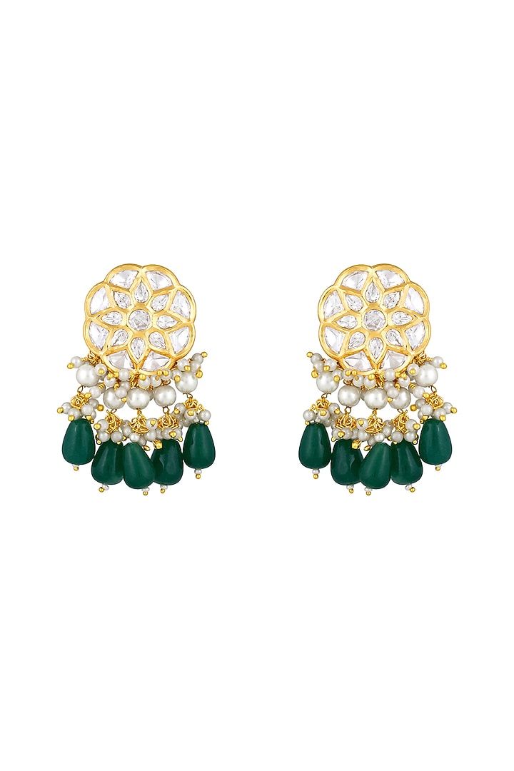 Gold Finish Kundan Polki & Onyx Tumble Dangler Earrings by Hrisha Jewels at Pernia's Pop Up Shop