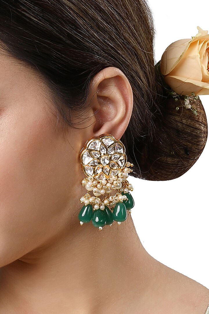 Gold Finish Kundan Polki & Onyx Tumble Dangler Earrings by Hrisha Jewels at Pernia's Pop Up Shop