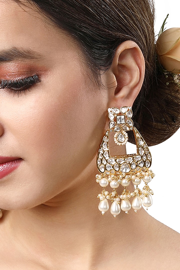 Gold Finish Kundan Polki Chandbali Earrings by Hrisha Jewels at Pernia's Pop Up Shop
