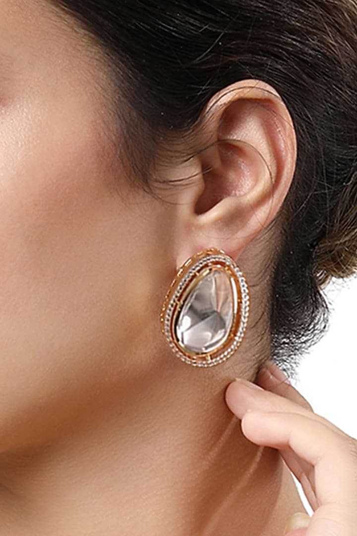 Gold Finish Kundan Polki Stud Earrings by Hrisha Jewels at Pernia's Pop Up Shop