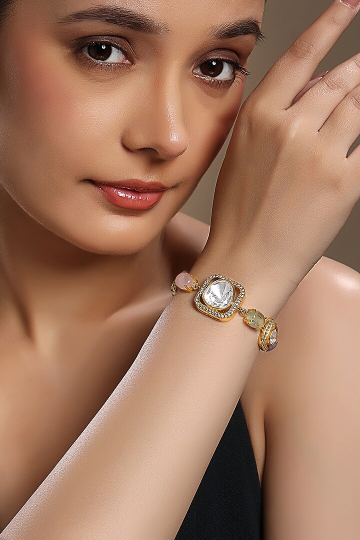 Micron Gold Finish Moissanite Kundan Polki & Cz Diamond Bracelet by Hrisha Jewels at Pernia's Pop Up Shop