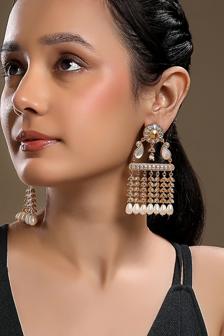 Micron Gold Finish Moissanite Kundan Polki & Mother of Pearl Dangler Earrings by Hrisha Jewels at Pernia's Pop Up Shop