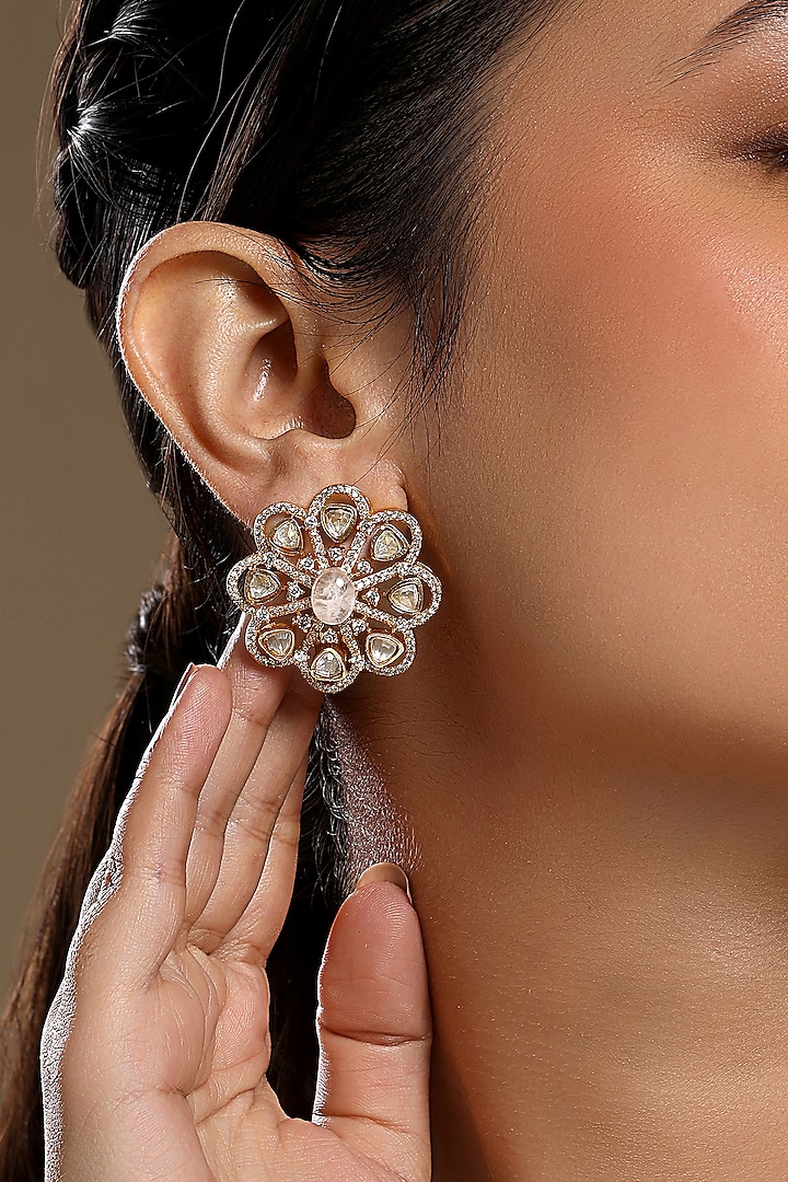 Micron Gold Finish Moissanite Kundan Polki & Cz Diamond Stud Earrings by Hrisha Jewels at Pernia's Pop Up Shop