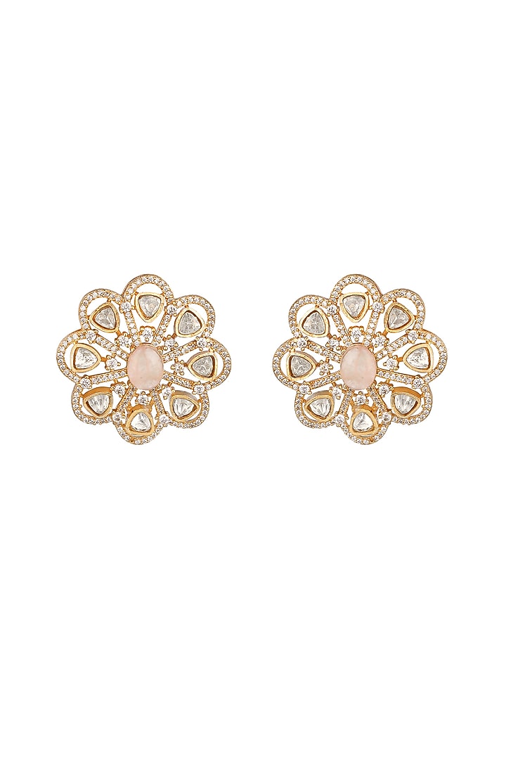 Micron Gold Finish Moissanite Kundan Polki & Cz Diamond Stud Earrings by Hrisha Jewels at Pernia's Pop Up Shop