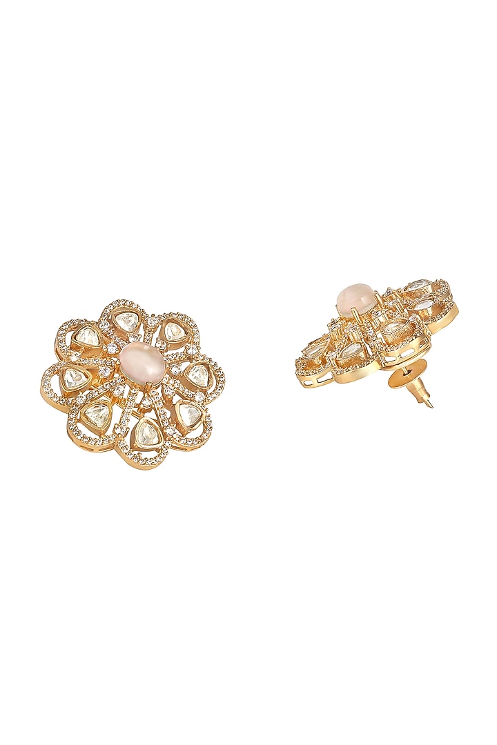 Micron Gold Finish Moissanite Kundan Polki & Cz Diamond Stud Earrings by Hrisha Jewels at Pernia's Pop Up Shop