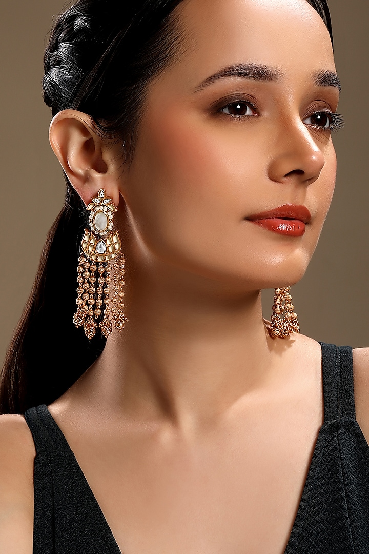 Micron Gold Finish Moissanite Kundan Polki & Mother of Pearl Enameled Dangler Earrings by Hrisha Jewels at Pernia's Pop Up Shop