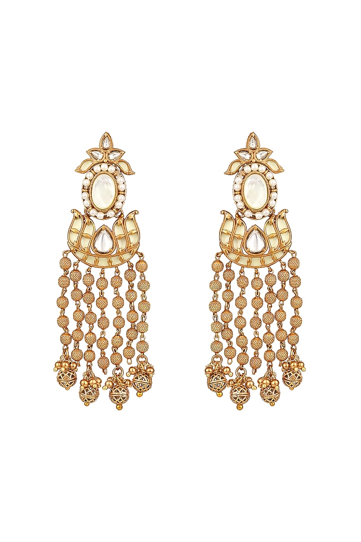 Micron Gold Finish Moissanite Kundan Polki & Mother of Pearl Enameled Dangler Earrings by Hrisha Jewels at Pernia's Pop Up Shop