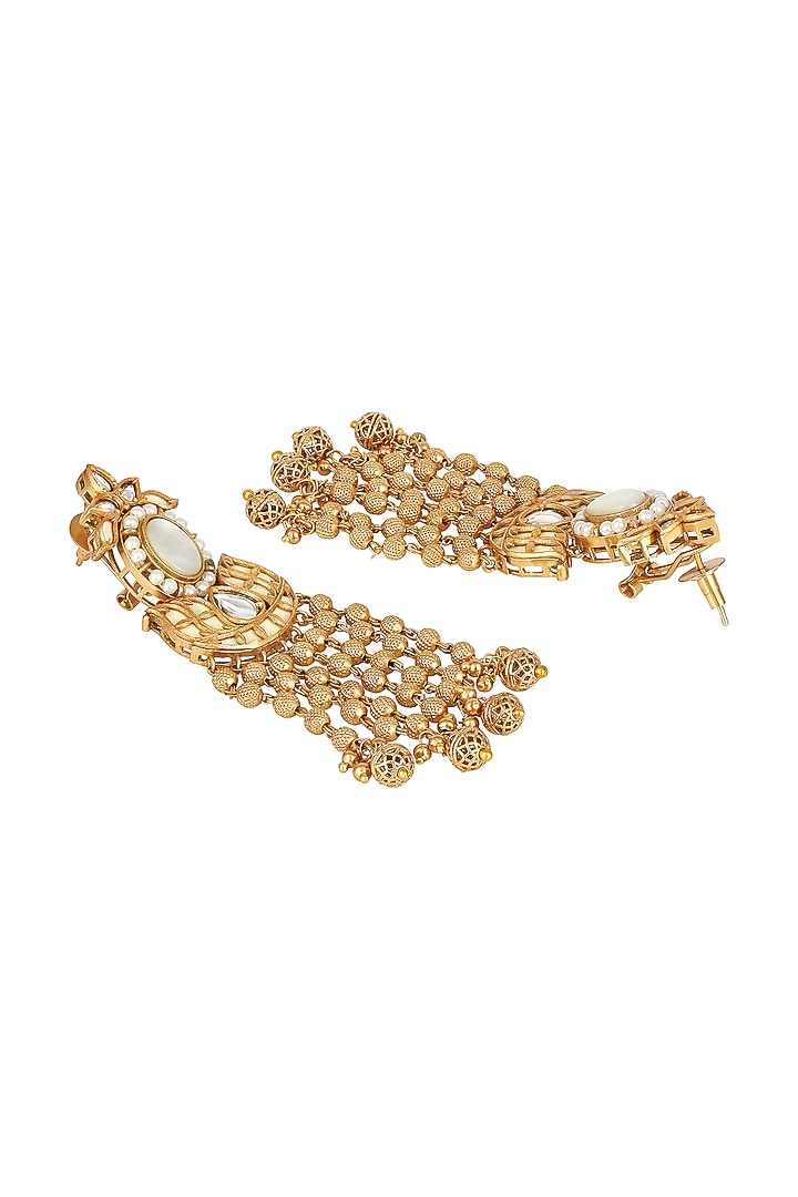 Micron Gold Finish Moissanite Kundan Polki & Mother of Pearl Enameled Dangler Earrings by Hrisha Jewels at Pernia's Pop Up Shop