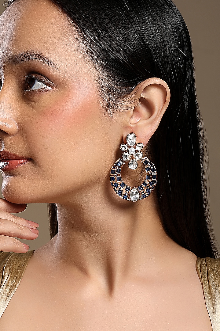 Micron Gold Finish Moissanite Kundan Polki & Topaz Stone Chandbali Earrings by Hrisha Jewels at Pernia's Pop Up Shop