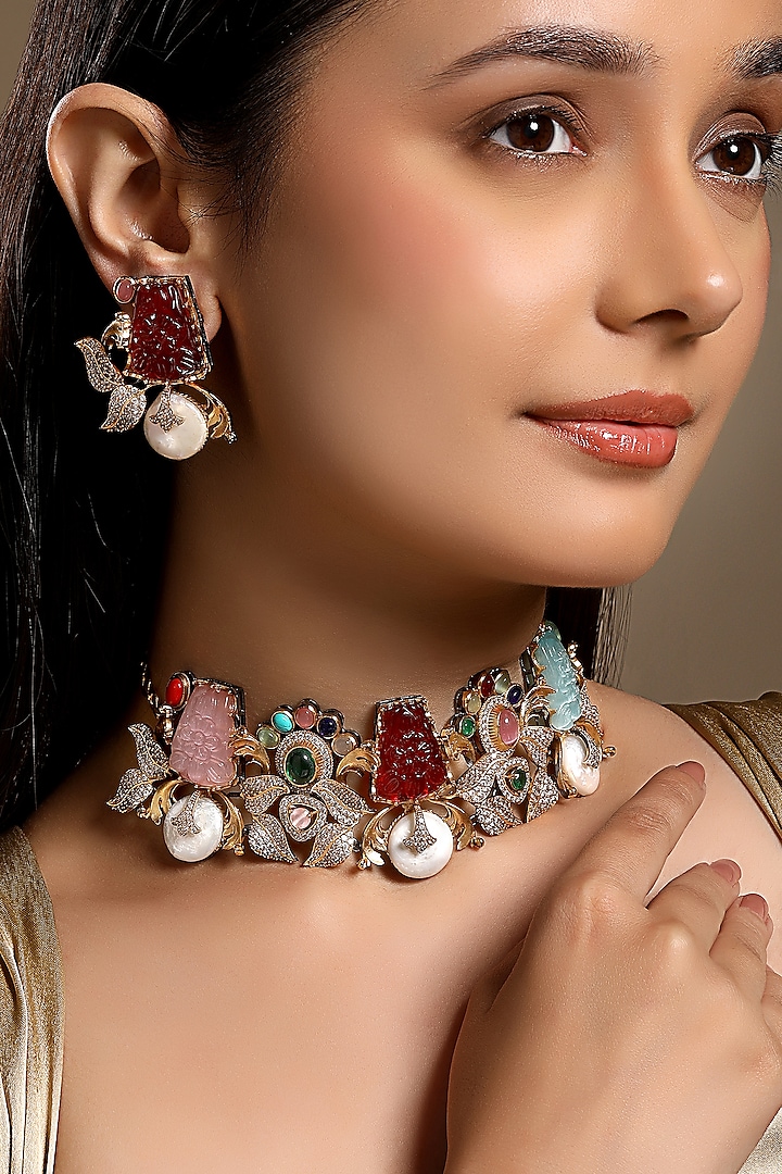 Micron Gold Finish Moissanite Kundan Polki & Carved Onyx Choker Necklace Set by Hrisha Jewels at Pernia's Pop Up Shop