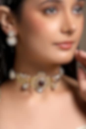 Micron Gold Finish Moissanite Kundan Polki & Synthetic Ruby Choker Necklace Set by Hrisha Jewels at Pernia's Pop Up Shop