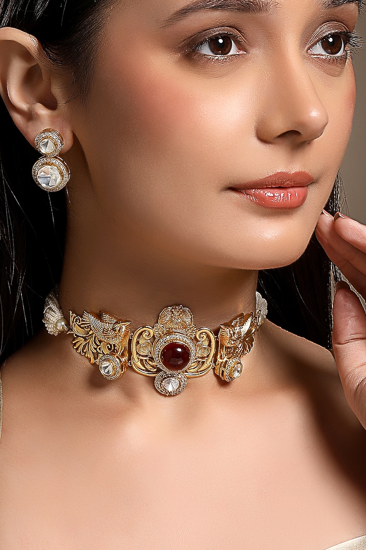 Micron Gold Finish Moissanite Kundan Polki & Synthetic Ruby Choker Necklace Set by Hrisha Jewels at Pernia's Pop Up Shop