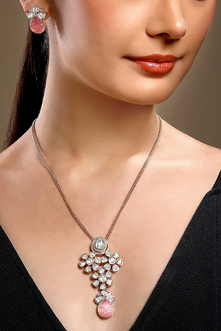 Micron Gold Finish Moissanite Kundan Polki & Pink Carved Onyx Long Necklace Set by Hrisha Jewels at Pernia's Pop Up Shop