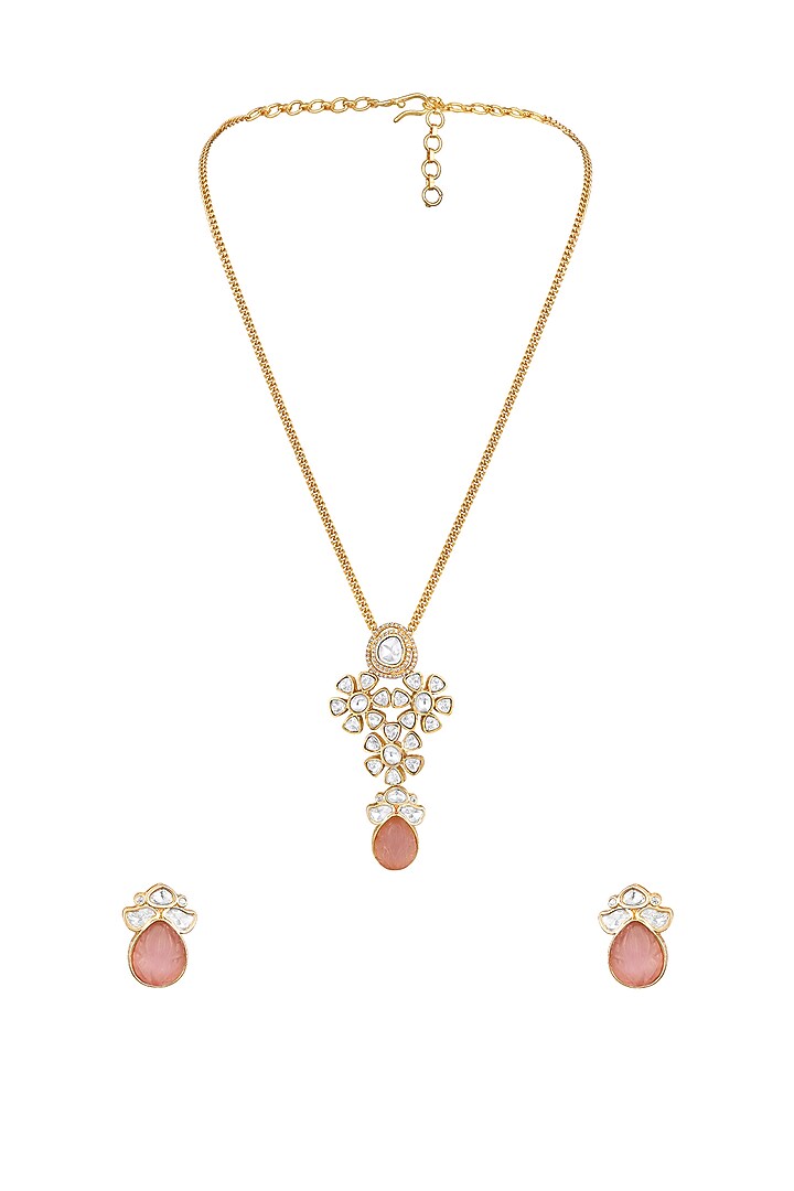 Micron Gold Finish Moissanite Kundan Polki & Pink Carved Onyx Long Necklace Set by Hrisha Jewels at Pernia's Pop Up Shop