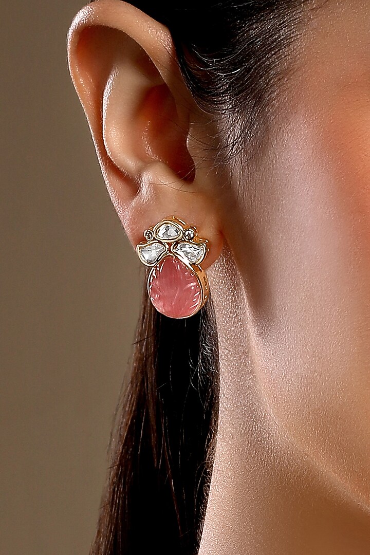 Micron Gold Finish Moissanite Kundan Polki & Pink Carved Onyx Long Necklace Set by Hrisha Jewels at Pernia's Pop Up Shop