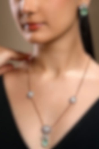Micron Gold Finish Moissanite Kundan Polki & Mint Carved Onyx Long Necklace Set by Hrisha Jewels at Pernia's Pop Up Shop