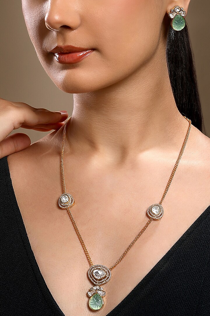 Micron Gold Finish Moissanite Kundan Polki & Mint Carved Onyx Long Necklace Set by Hrisha Jewels at Pernia's Pop Up Shop