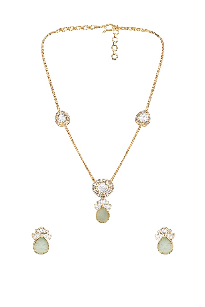 Micron Gold Finish Moissanite Kundan Polki & Mint Carved Onyx Long Necklace Set by Hrisha Jewels at Pernia's Pop Up Shop