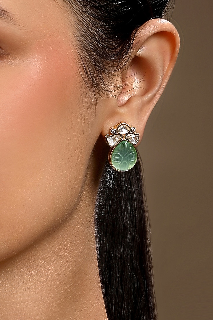 Micron Gold Finish Moissanite Kundan Polki & Mint Carved Onyx Long Necklace Set by Hrisha Jewels at Pernia's Pop Up Shop