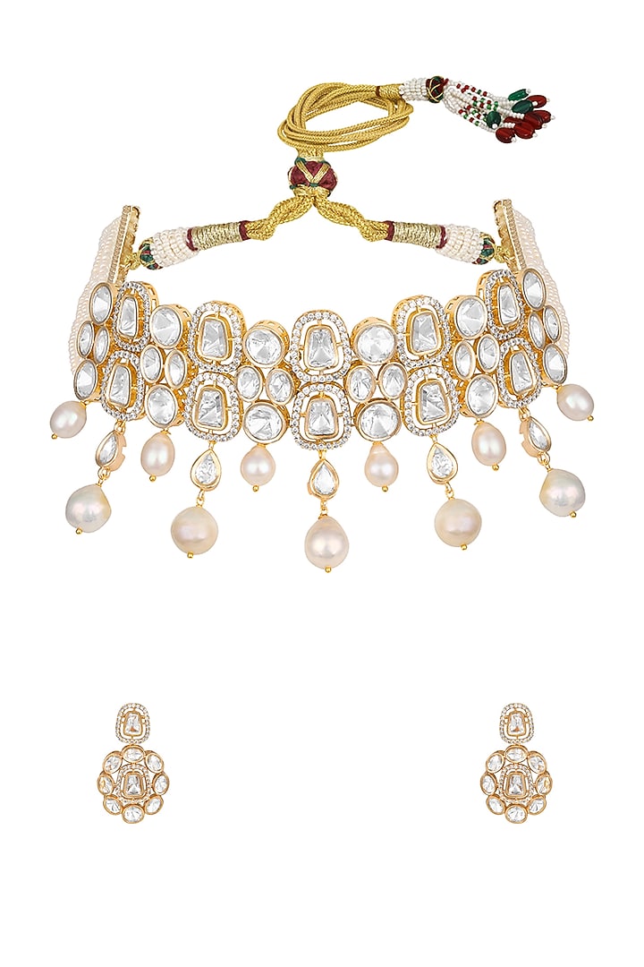 Micron Gold Finish Moissanite Kundan Polki & Cz Diamond Choker Necklace Set by Hrisha Jewels at Pernia's Pop Up Shop