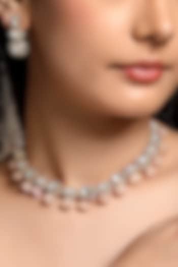 Micron Gold Finish Moissanite Kundan Polki & Pink Carved Onyx Choker Necklace Set by Hrisha Jewels at Pernia's Pop Up Shop