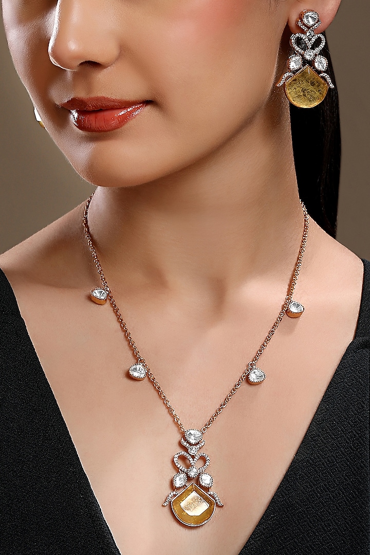 Micron Gold Finish Moissanite Kundan Polki & Cz Diamond Long Necklace Set by Hrisha Jewels at Pernia's Pop Up Shop
