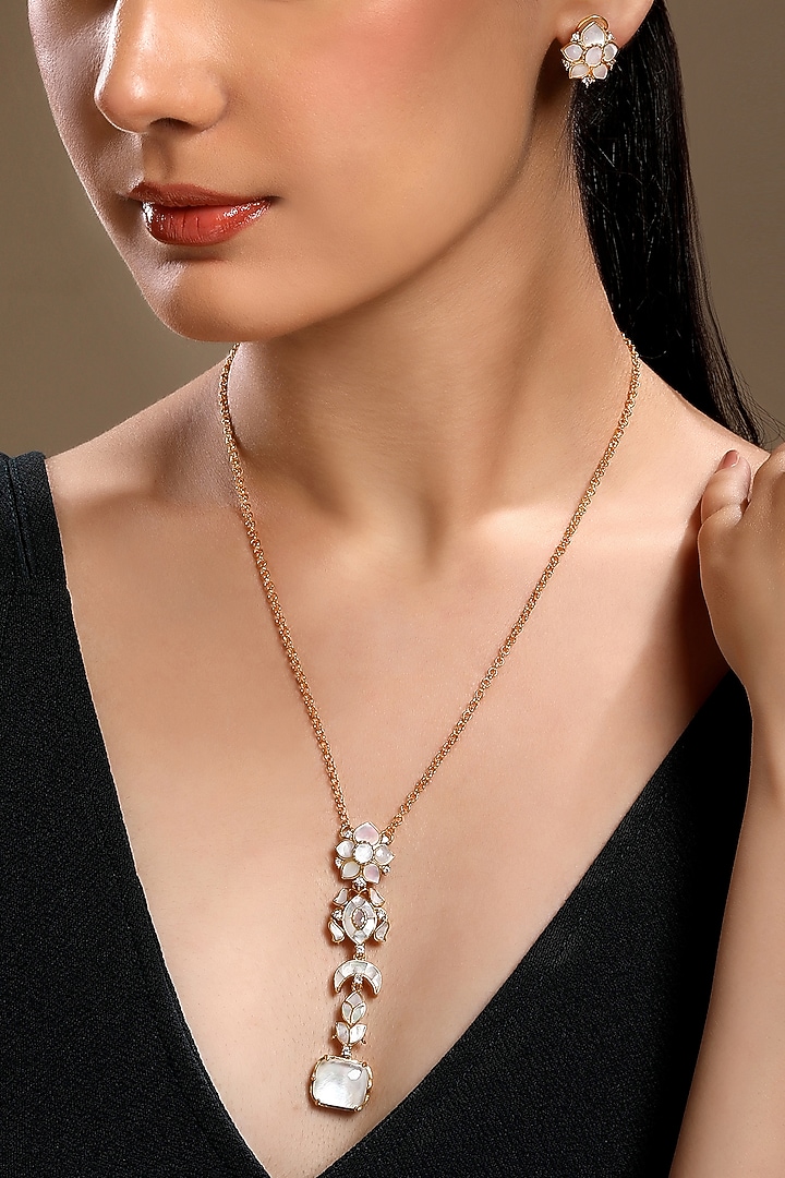Micron Gold Finish Mother Of Pearl & Zirconia Long Necklace Set by Hrisha Jewels at Pernia's Pop Up Shop