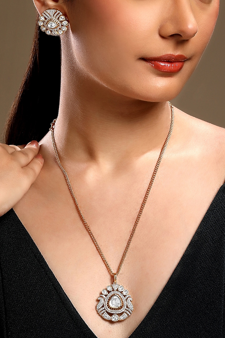 Micron Gold Finish Moissanite Kundan Polki & Zirconia Long Necklace Set by Hrisha Jewels at Pernia's Pop Up Shop