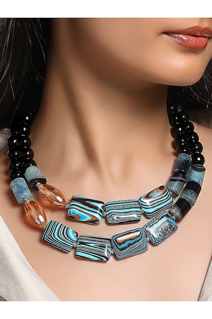 Micron Gold Finish Italian Crystal & Agate Stone Necklace by Hrisha Jewels at Pernia's Pop Up Shop