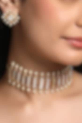 Micron Gold Finish Mother Of Pearl Choker Necklace Set by Hrisha Jewels at Pernia's Pop Up Shop