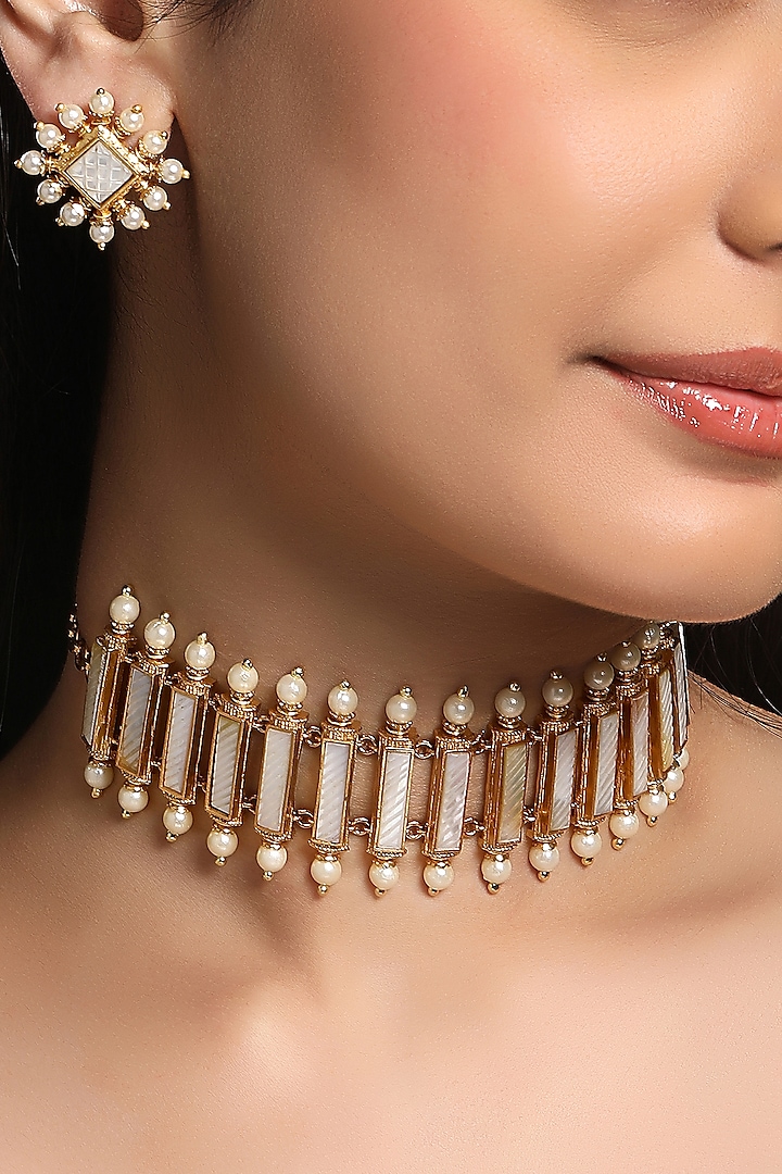 Micron Gold Finish Mother Of Pearl Choker Necklace Set by Hrisha Jewels at Pernia's Pop Up Shop