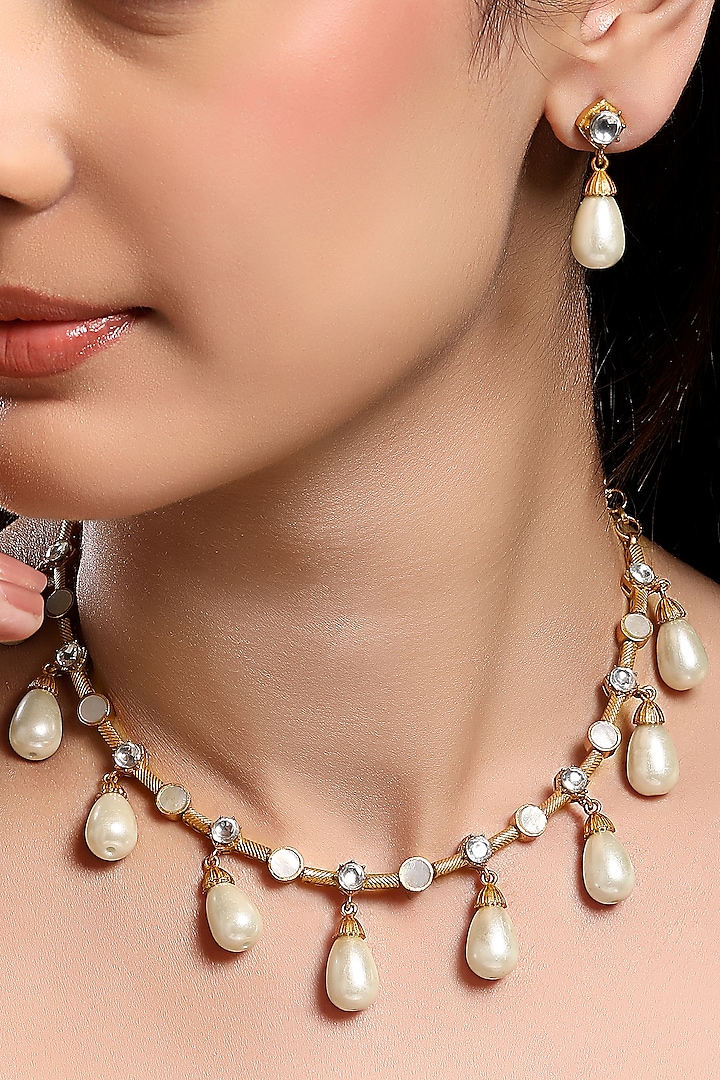 Micron Gold Finish Mother Of Pearl & Moissanite Kundan Polki Necklace Set by Hrisha Jewels at Pernia's Pop Up Shop