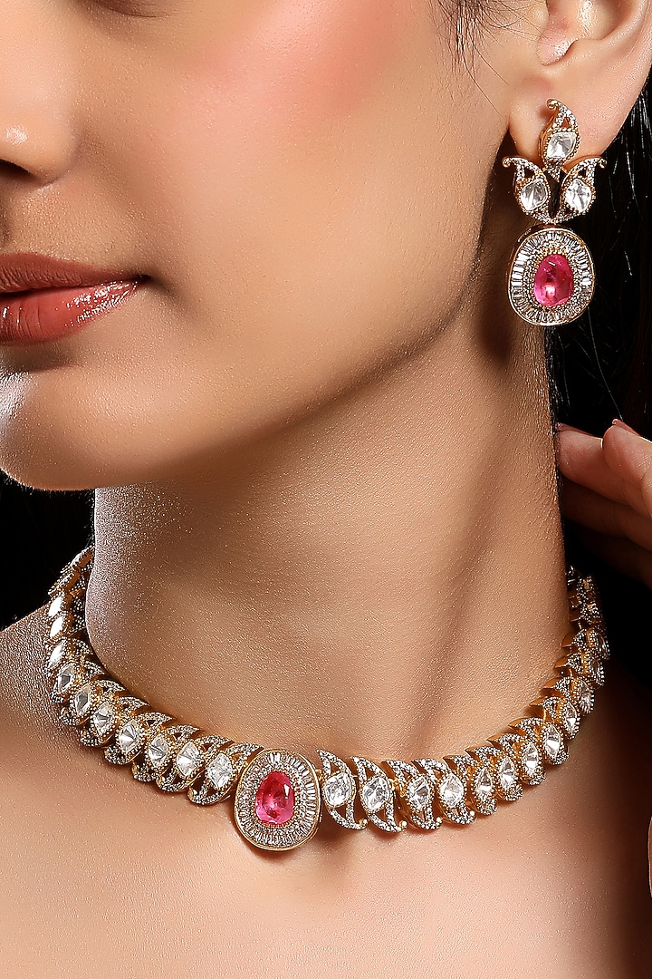 Micron Gold Finish Moissanite Kundan Polki & Cz Diamond Choker Necklace Set by Hrisha Jewels at Pernia's Pop Up Shop