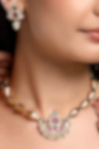 Micron Gold Finish Moissanite Kundan Polki & Ruby Stone Choker Necklace Set by Hrisha Jewels at Pernia's Pop Up Shop