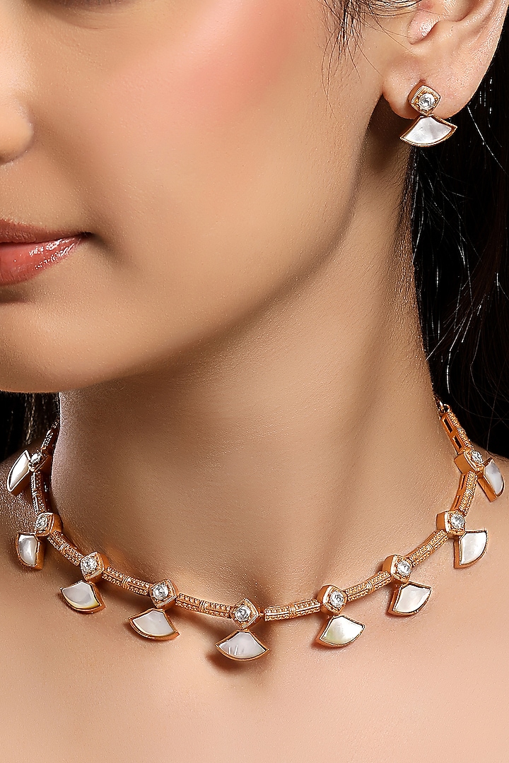 Micron Gold Finish Moissanite Kundan Polki & Mother Of Pearl Choker Necklace Set by Hrisha Jewels at Pernia's Pop Up Shop