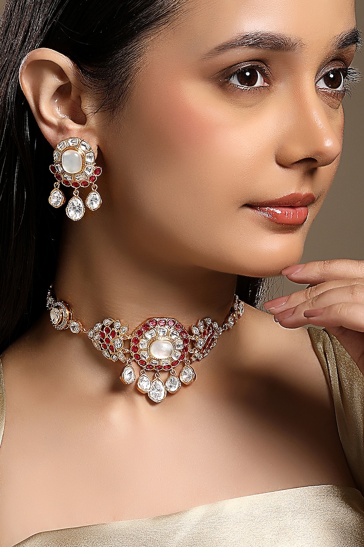 Micron Gold Finish Moissanite Kundan Polki & Ruby Stone Choker Necklace Set by Hrisha Jewels at Pernia's Pop Up Shop