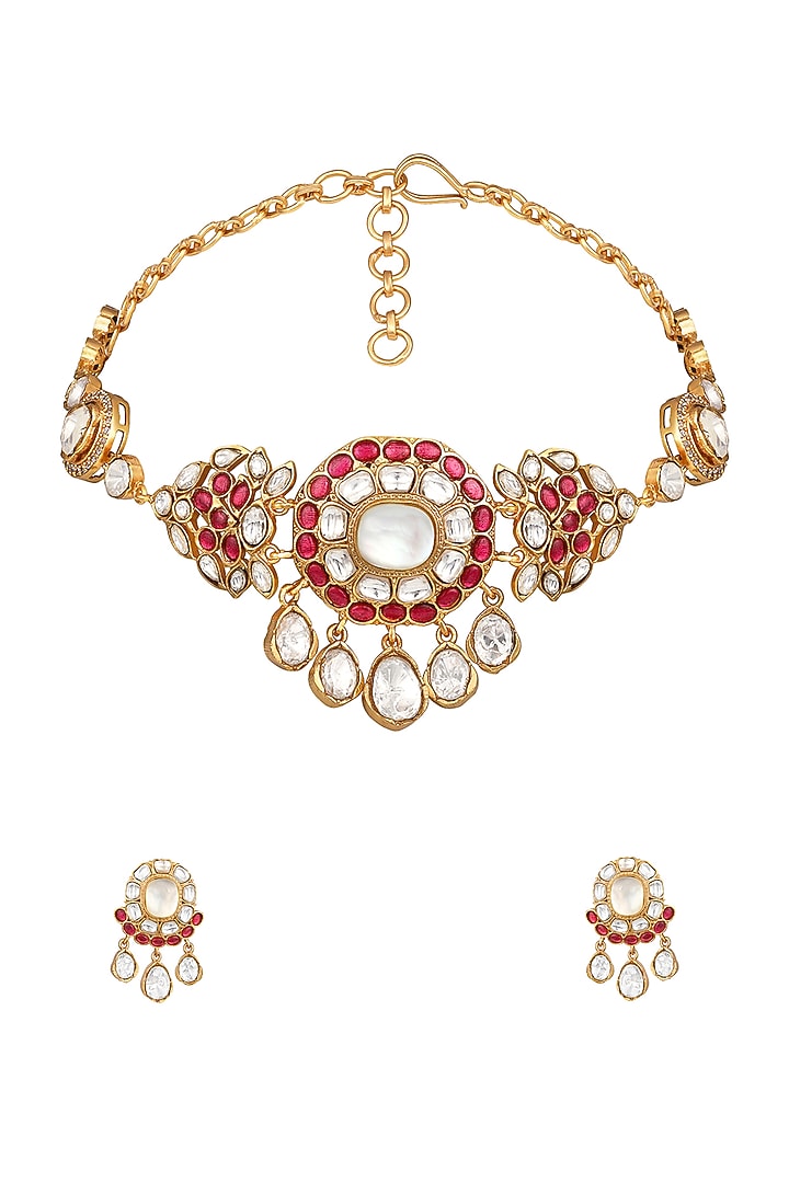Micron Gold Finish Moissanite Kundan Polki & Ruby Stone Choker Necklace Set by Hrisha Jewels at Pernia's Pop Up Shop
