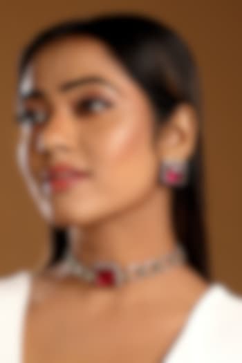 Micron Gold Finish Ruby Stone & Zircon Choker Necklace Set by Hrisha Jewels at Pernia's Pop Up Shop