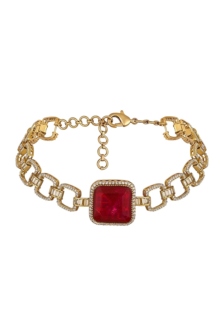Micron Gold Finish Ruby Stone & Zircon Choker Necklace Set by Hrisha Jewels at Pernia's Pop Up Shop