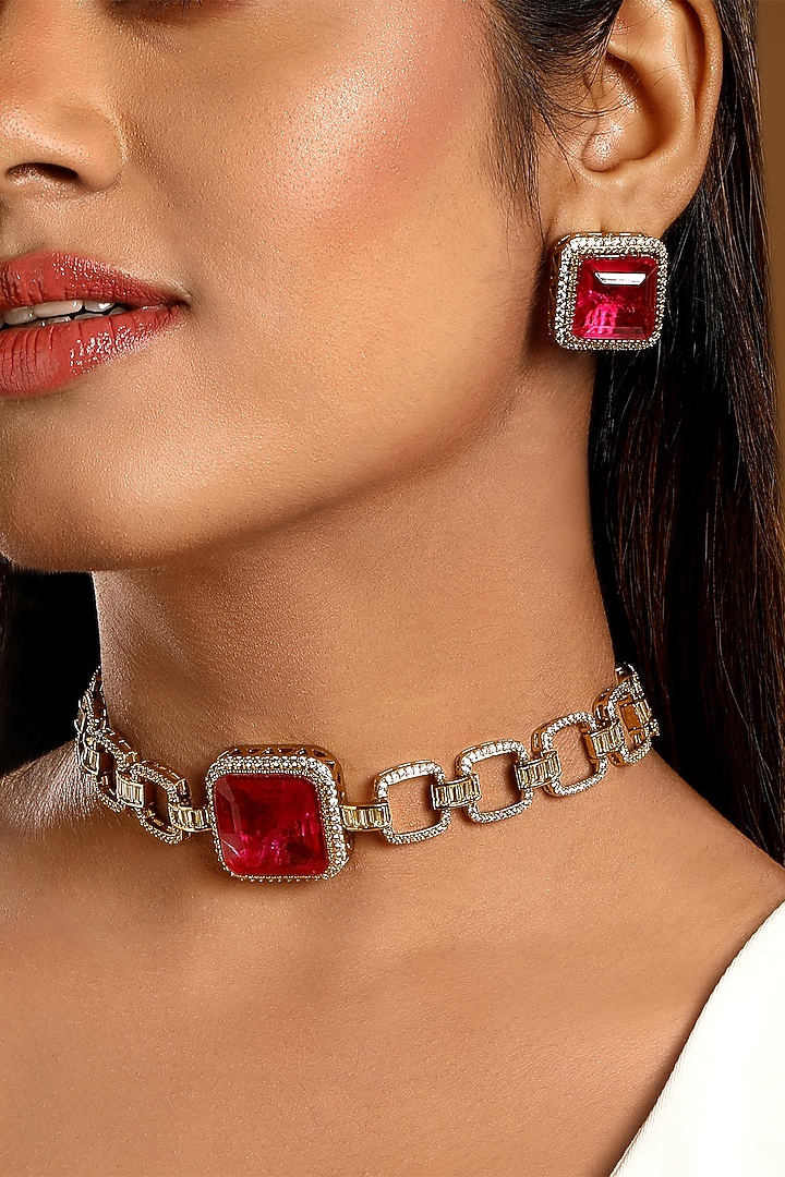 Micron Gold Finish Ruby Stone & Zircon Choker Necklace Set by Hrisha Jewels at Pernia's Pop Up Shop